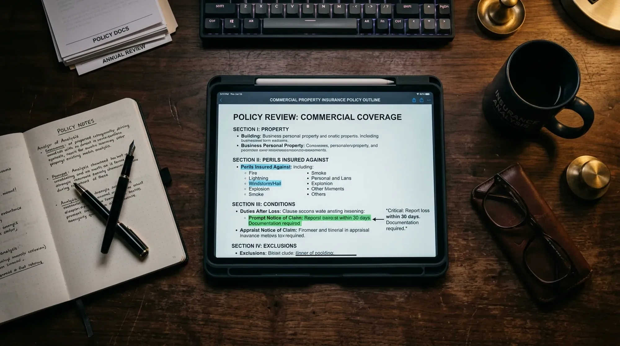 Tablet z planem struktury polisy ubezpieczeniowej i zaznaczonymi sekcjami